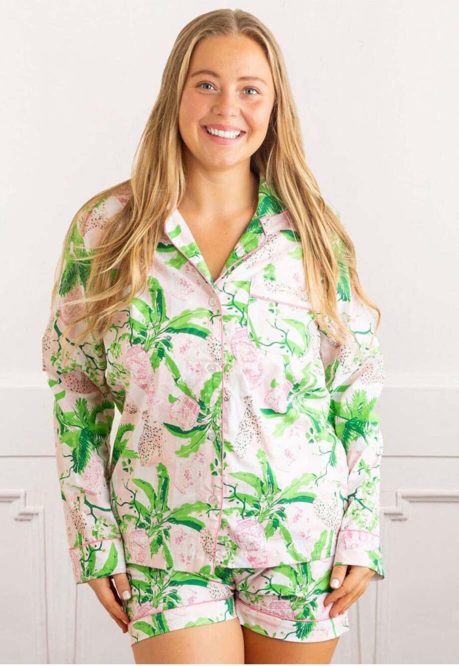 Hydrangea Pink PJ Set with Shorts & Long Sleeve Top - ,